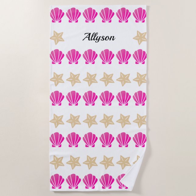 Muscheln & Starfish, Name des schwarzen Skripts Strandtuch (Vorderseite)