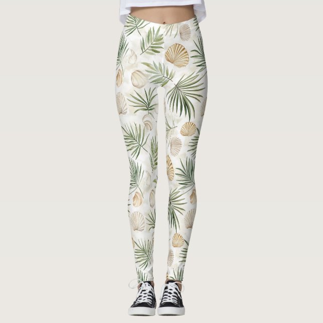 Muscheln Strand Grüne Palmbaum Blätter Leggings (Vorderseite)