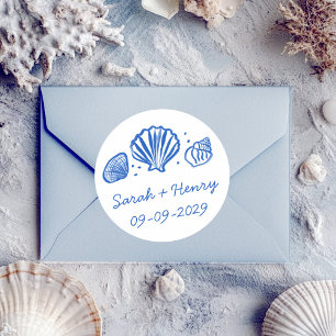 Muscheln Strand Hochzeit Blau Weiß INDIVIDUELL  Runder Aufkleber