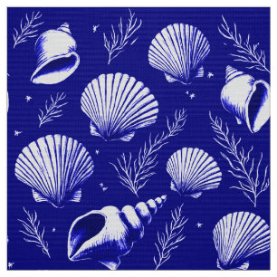 Muscheln und Algen in Navy Blue und White Stoff