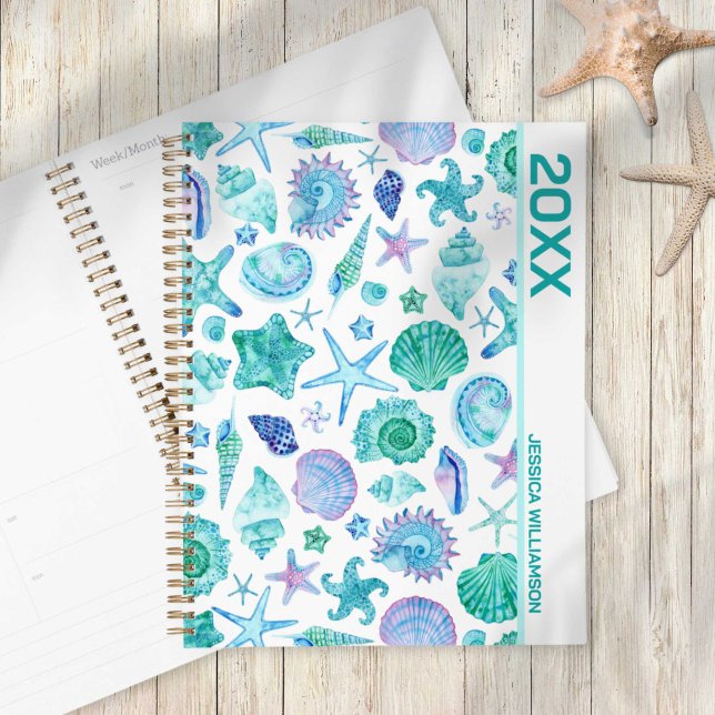 Muscheln und Starfish am Strand Planer (Coastal Beach Watercolor Sea Shells and Starfish Planner)