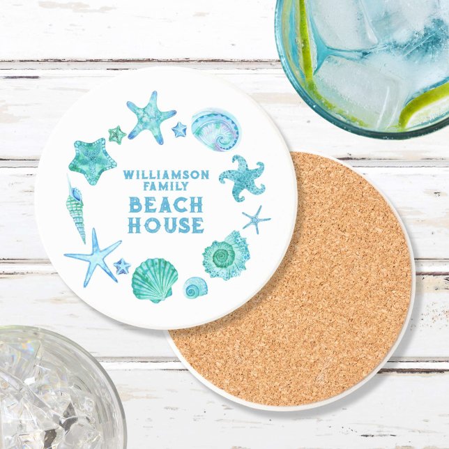 Muscheln und Starfish Beach House Getränkeuntersetzer (Coastal Sea Shells and Starfish Beach House Coaster)