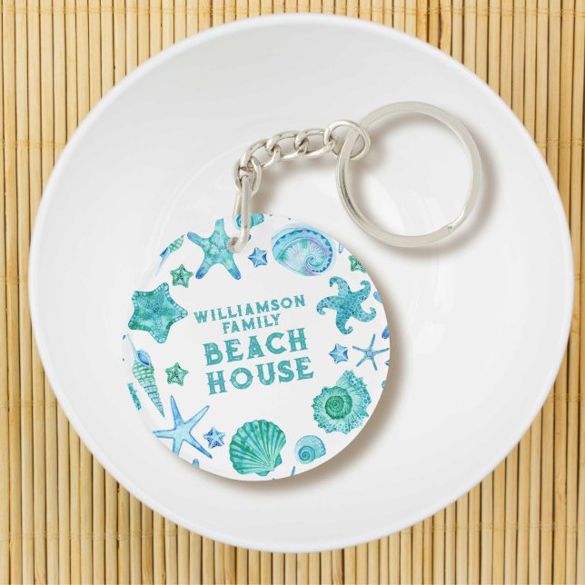 Muscheln und Starfish Beach House Schlüsselanhänger (Watercolor Sea Shells and Starfish Beach House Keychain)