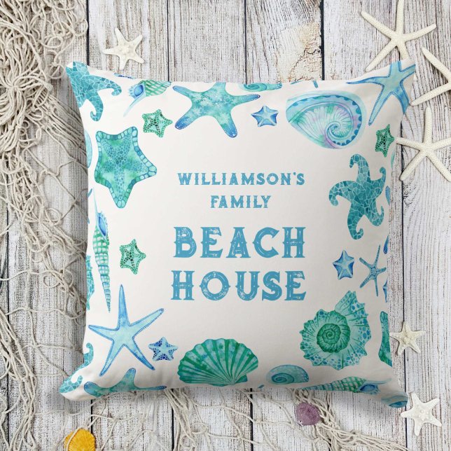 Muscheln und Starfish Family Beach House Kissen (Sea Shells and Starfish Family Beach House Throw Pillow)