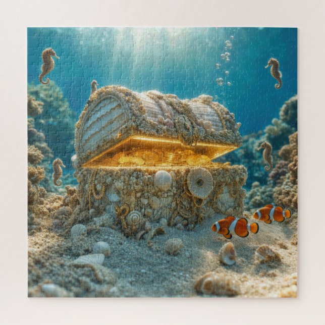 Muschelschatztruhe Unterwasser mit Münzen Puzzle (Vertikal)