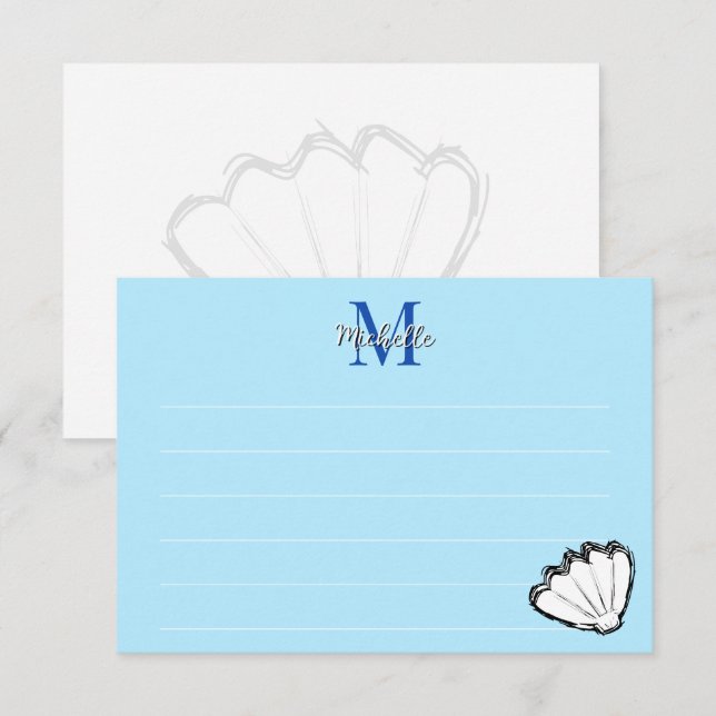 Muschelskizze Weiß Und Blau Liniiertes Monogramm Mitteilungskarte (Vorne/Hinten)