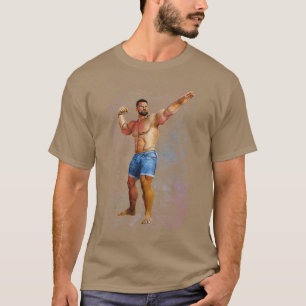Muscle Beard Daddy in Jeans Shorts Power Pose Spac T-Shirt
