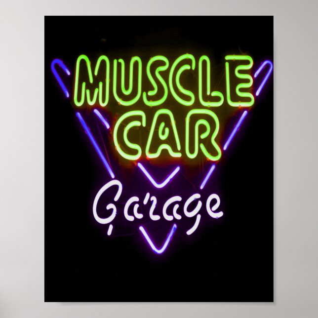 Muscle Car Garage Neuron Blau grün signieren Poster (Vorne)
