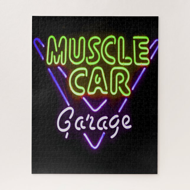 Muscle Car Garage Neuron Blau grün signieren Puzzle (Vertikal)