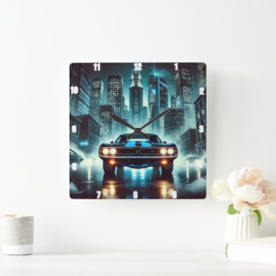 Muscle Car in Futuristic City Night Bright Lights Quadratische Wanduhr