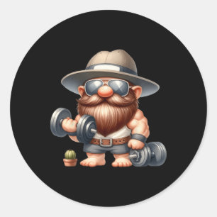 Muscleman Gnome with Dumbells Funny Fitness Worki Runder Aufkleber