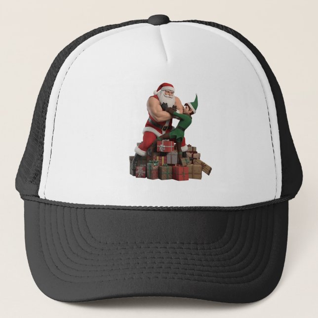 Muscular Santa Arm-Wrestling an Elf – Funny Hat Truckerkappe (Vorderseite)