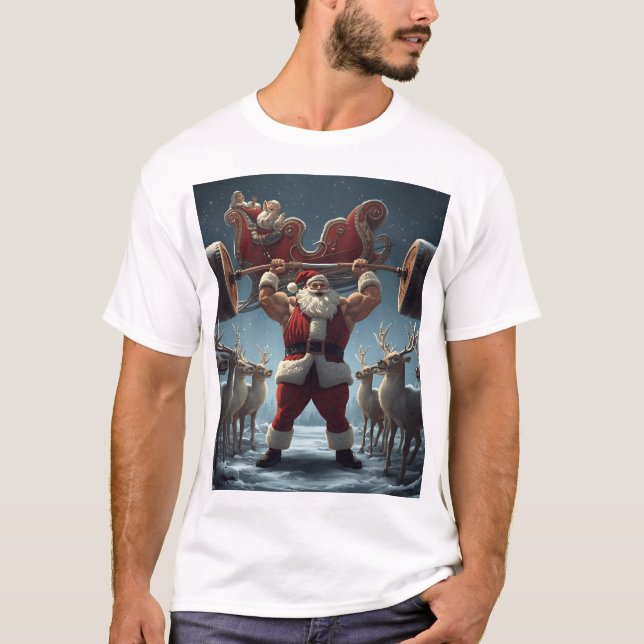 Muscular Santa Lifting Reindeer – Funny Christmas  T-Shirt (Vorderseite)