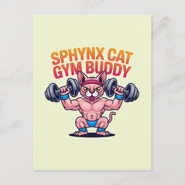 Muscular Sphynx Cat Gym Buddy Cartoon Postkarte (Vorderseite)