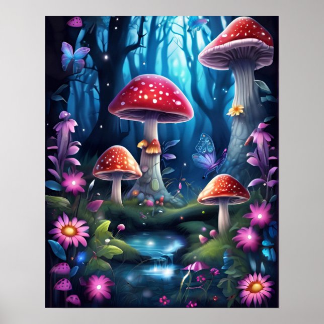 Mushroom Butterfly Verzauberter Wald BLAUE THEMA Poster (Vorne)
