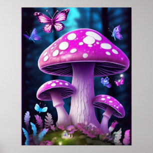 Mushroom Butterfly Verzauberter Wald LILA FARBE Poster