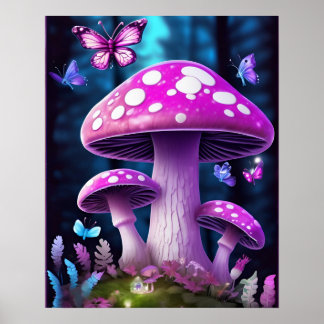 Mushroom Butterfly Verzauberter Wald LILA FARBE Poster