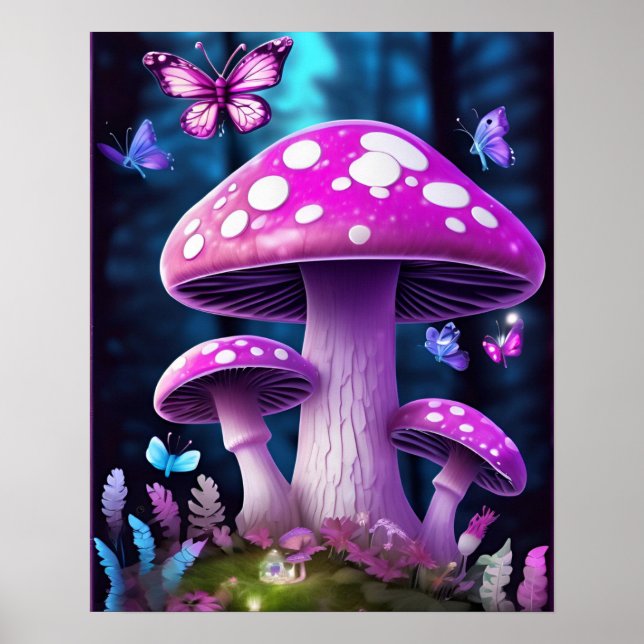 Mushroom Butterfly Verzauberter Wald LILA FARBE Poster (Vorne)