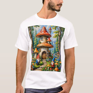 Mushroom Fantasy Gnome House Whimsical Art T - Shi T-Shirt