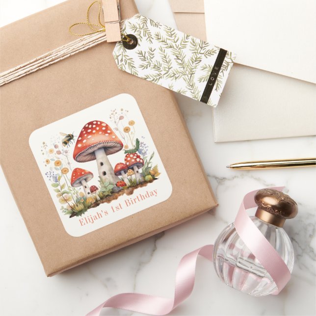Mushroom Floral Beam Worm Boy Birthday Quadratischer Aufkleber (Schenken)