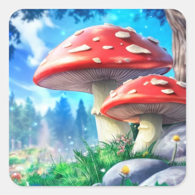 Mushroom Forest Fantasy Art Quadratischer Aufkleber (Vorderseite)