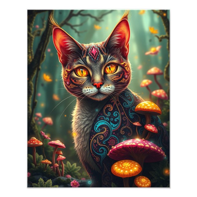 Mushroom Forest Magic Fantasy Cat Fotodruck (Vorne)