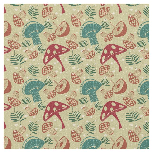 Mushroom Green Pattern Mitte des Jahrhunderts Stoff (Nahaufnahme)