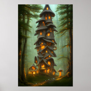 Mushroom House Forest Fantasy Art Poster