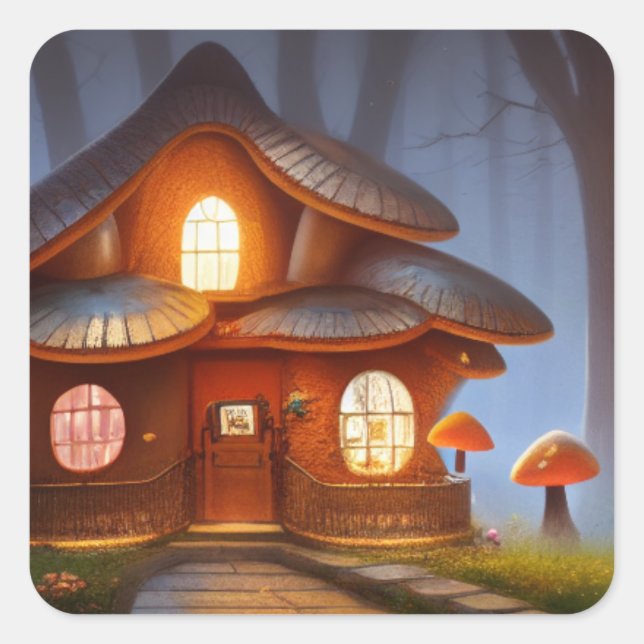 Mushroom House Quadratischer Aufkleber (Vorderseite)