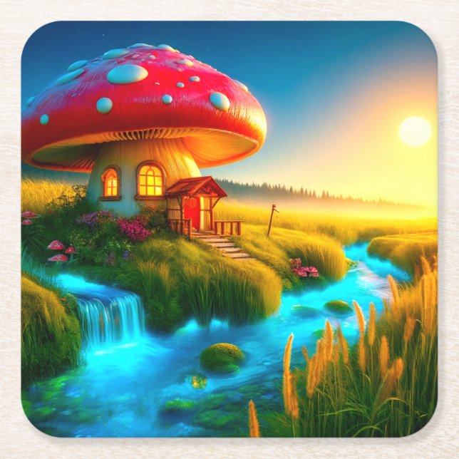 Mushroom House Rechteckiger Pappuntersetzer (Vorderseite)