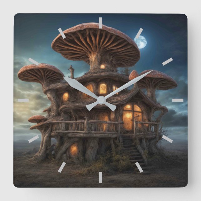 Mushroom House Wall Clock Quadratische Wanduhr (Vorderseite)