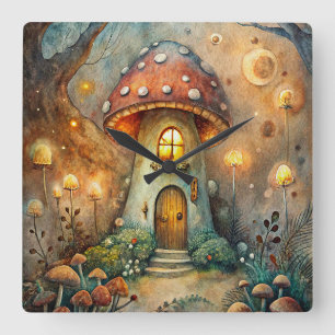 Mushroom House Wall Clock Quadratische Wanduhr
