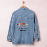 Mushroom, in dem ich mich leicht fühlen kann jeansjacke<br><div class="desc">Rustikale und lustige Denim-Jacke mit Aquarellbildern von Pilzen und Herzen mit einem Text,  der sagt: "Du machst mich mussig."</div>