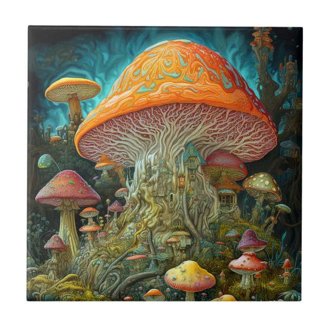 Mushroom Landscape Surreal Fantasy Art Fliese (Vorderseite)