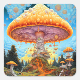 Mushroom Landscape Surreal Fantasy Art Quadratischer Aufkleber