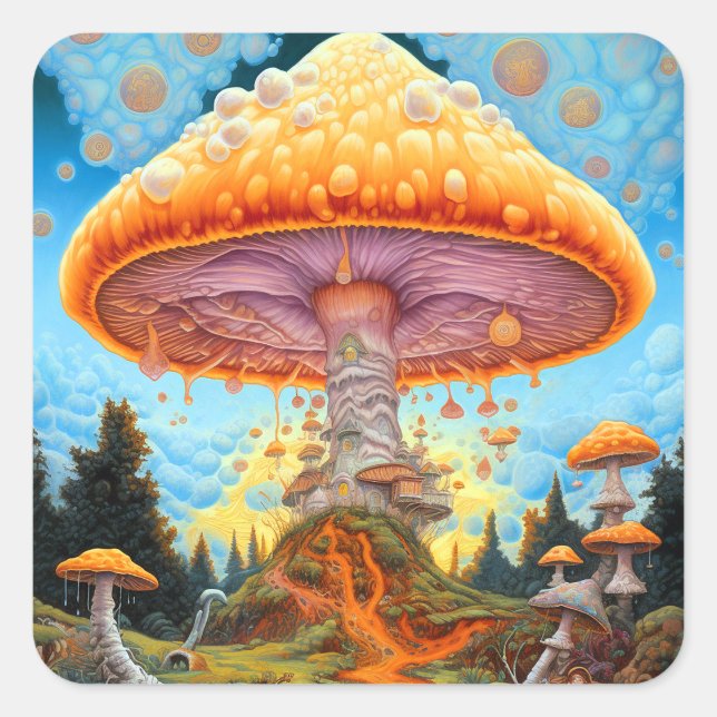 Mushroom Landscape Surreal Fantasy Art Quadratischer Aufkleber (Vorderseite)