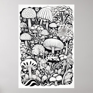 Mushroom-Linie zeichnend Klein Poster
