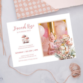 Mushroom Niedlich Blush Pink Woodland Foto Geburts Einladung