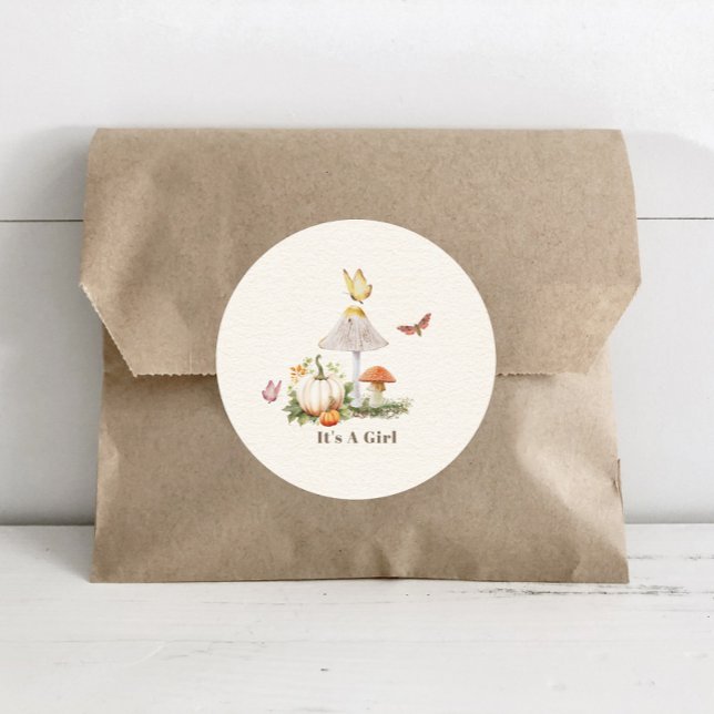 Mushroom Pumpkin Butterfly Woodland Babydusche Runder Aufkleber (Von Creator hochgeladen)