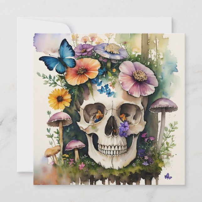 Mushroom Skull Floral Wasserfarbe Kunst Einladung (Vorderseite)
