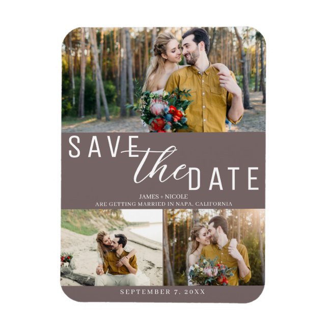 Mushroom Taupe Save the Date Hochzeit 3 Fotos Magnet (Vertikal)