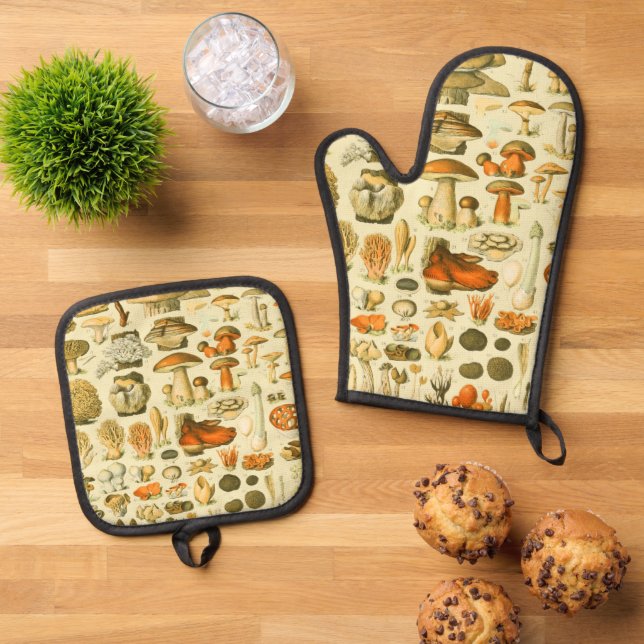 Mushroom Vintag Toadstool Antike Illustration Ofenhandschuh & Topflappen-Set (Oben Unten)