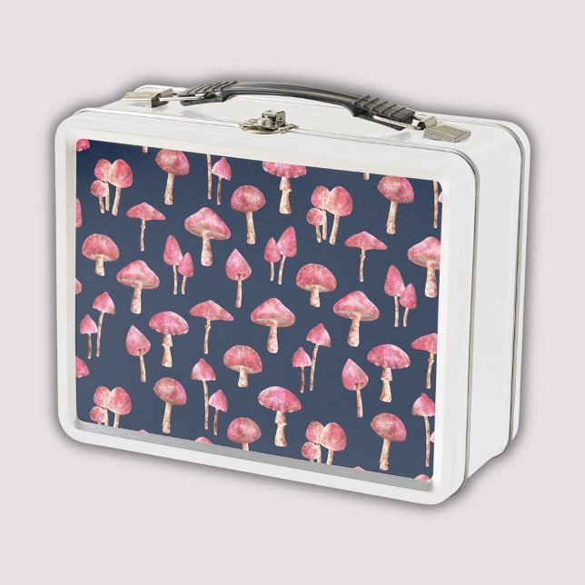 Mushroom Watercolor-Muster Metall Brotdose (Pink mushroom fairy core woodland pattern metal lunchbox with navy blue background)