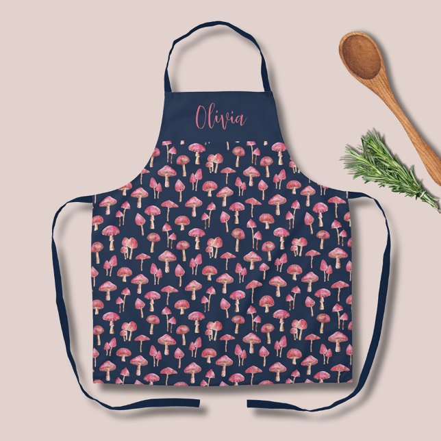 Mushroom Watercolor-Muster Schürze (Pink mushroom cottagecore kitchen apron on navy.  Personalize with your own name or text.)