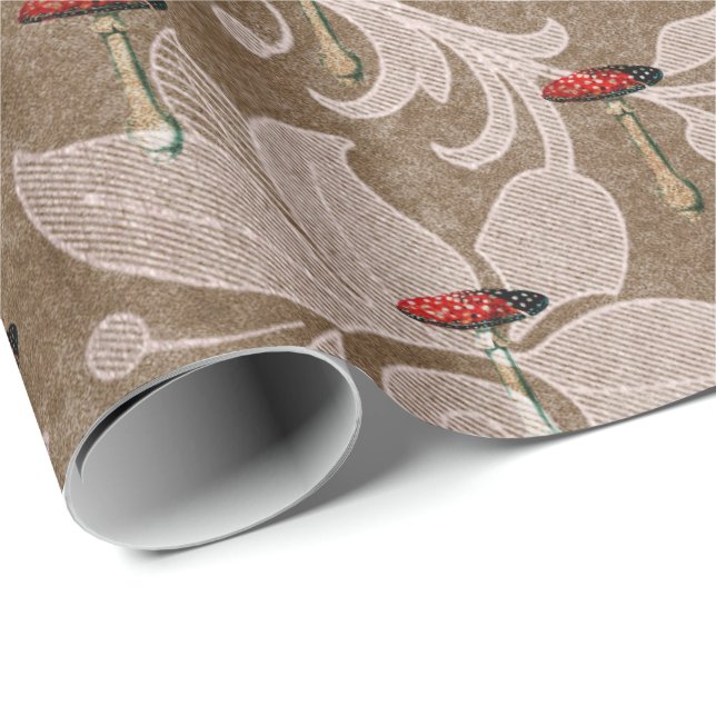 Mushroom Woodland Antike Bronze Blütenrot Vintag Geschenkpapier (Rolleneckpunkt)