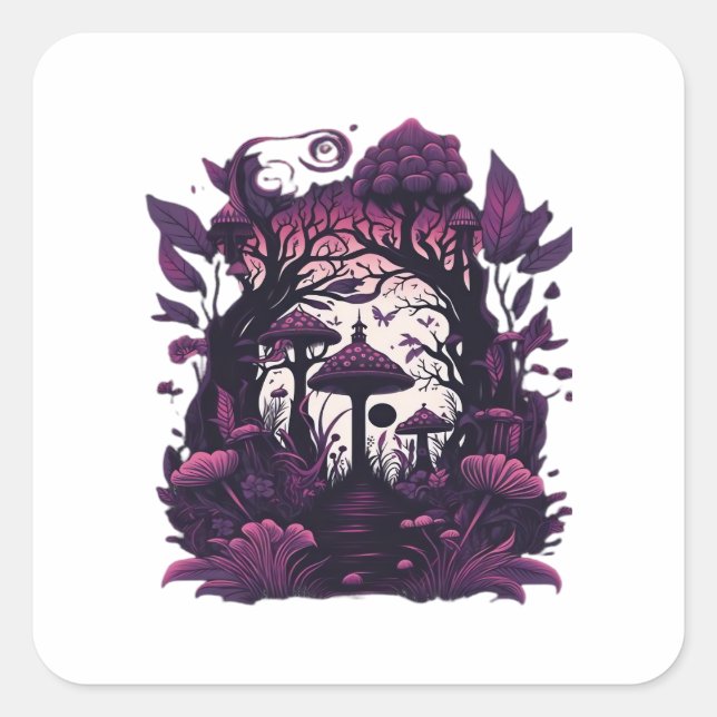 Mushroom Woods Whimsigoth Witchy Screenprint Desig Quadratischer Aufkleber (Vorderseite)