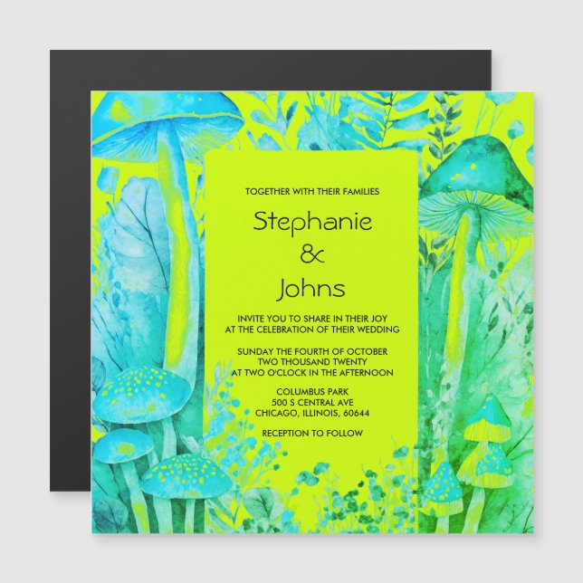 Mushrooms Woodland Lime Green Aquamarin Blue Weddi Magneteinladung (Vorne/Hinten)