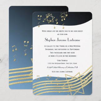 Music Bar Mitzvah Blue and Gold Einladung