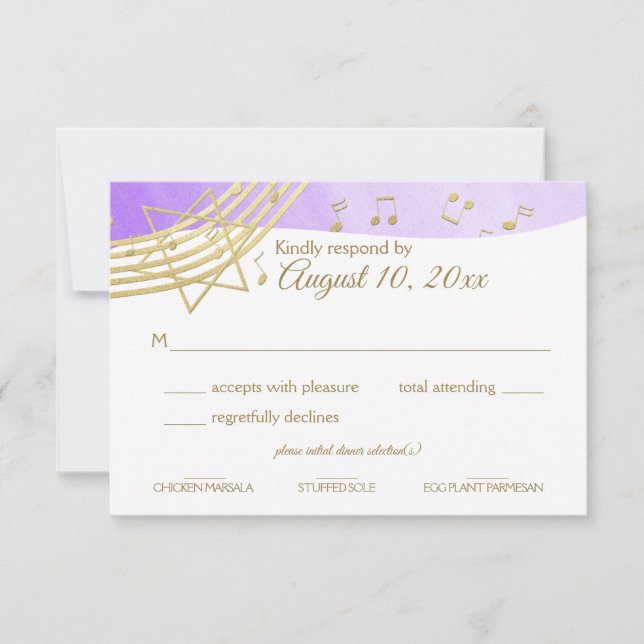 Music Bat Mitzvah Lila Gold Response RSVP Karte (Vorderseite)