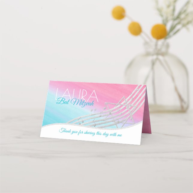 Music Bat Mitzvah Silver Musiknotens Sitzkarte Platzkarte (Rückseite)